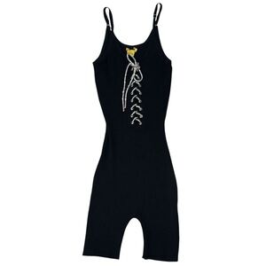 Black Ribbed Rhinestone String Shorts Romper Size S Sleeveless Sexy Tie‎ Lace Up